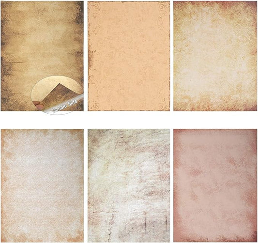 60 Sheets 6 Style Antique Stationary Paper, 8.3 x 11.2 inch A4 Size 100gsm Kraft Double-side Printable Old Aged Vintage Letter Writing Stationery Set for Classic Letters, Poems, Lyrics, Notes-DeskLoop Office