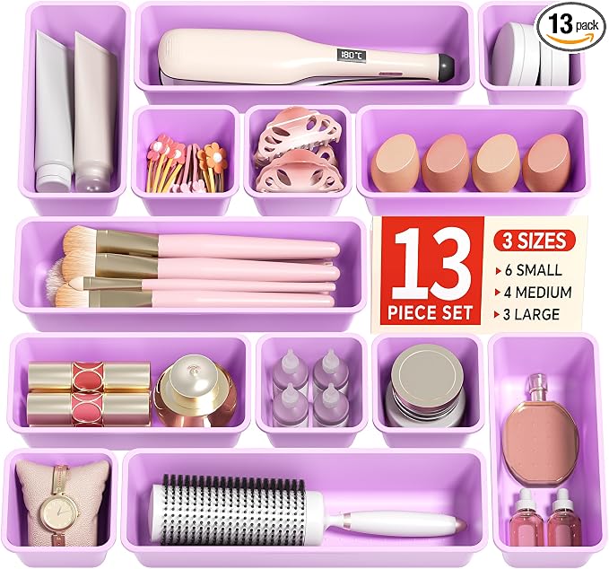 Canfanni 13 Pack Plastic Drawer Organizers Set, 3 Sizes Desk Drawer Organizer by Canfanni