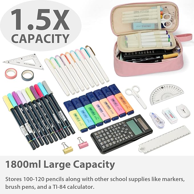 Pencil Case Pouch Box Bag School Supplies Girls Boys Kids, Cute Preppy Stuff Large Big Capacity Aesthetic Pen Organizer, Back to College Stationary, Light Pink, Standard Stlye, 1800ml-DeskLoop Office