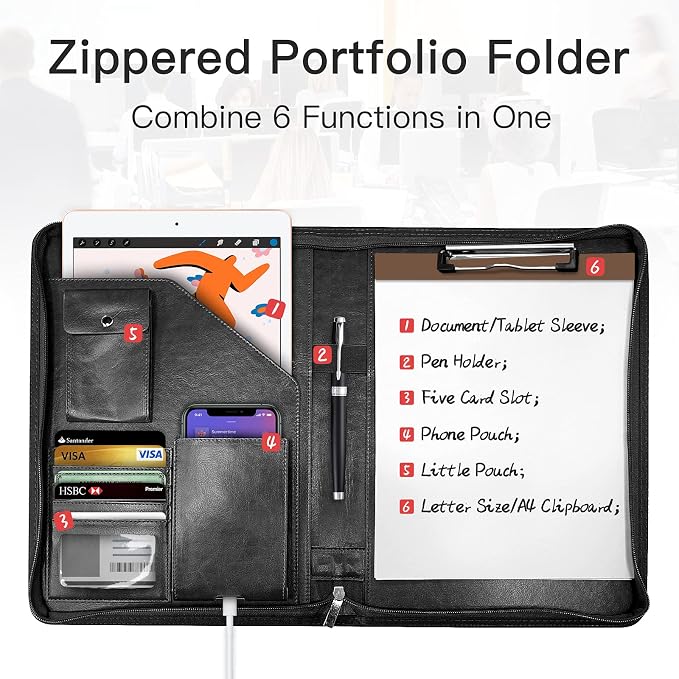 Zippered Padfolio Organizer, WRIYES Leather Planner Binder, 10.2 Inch Portfolio - Image 2