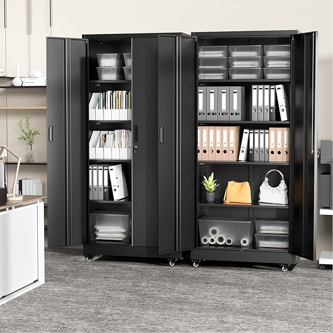 Greenvelly 74" Metal Storage Cabinet with Wheels, Lockable Rolling Metal Garage Cabinets with 2 Doors and 4 Adjustable Shelves, Rolling Tool Cabinet for Garage, Home Office, School-DeskLoop Office