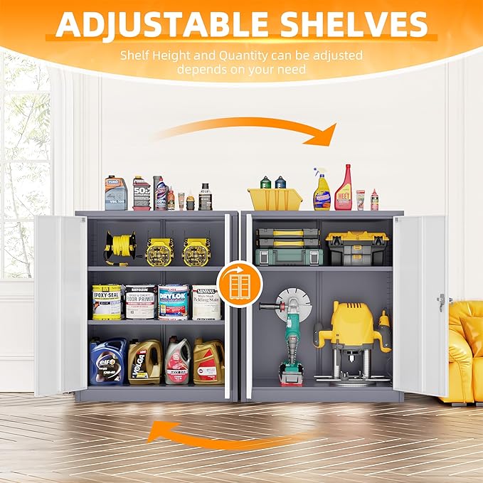 INTERGREAT Metal Cabinet with Lock, Lockable Metal Storage Cabinets with Doors and Shelves for Garage, Grey White Locking Garage Storage Cabinets 36"×32"×16"-DeskLoop Office