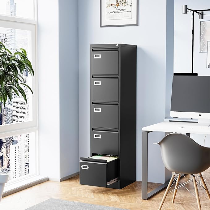 5 Drawer File Cabinet, Filing Cabinets for Home Office, Vertical File Cabinet with Lock, 61.6" H Locking File Cabinet for A4 Legal/Letter, Assembly Required (Black)-DeskLoop Office