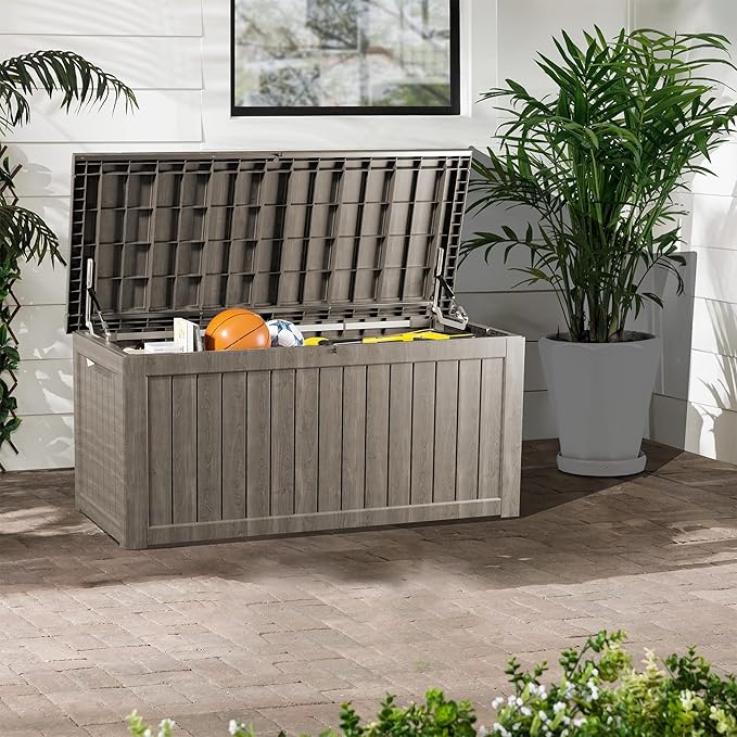 200 Gallon Lockable Resin Deck Box, Waterproof & UV-Resistant Outdoor Storage Box for Outdoor Cushion Storage, Garden Tools & Pool Accessories Storage, Gray-DeskLoop Office
