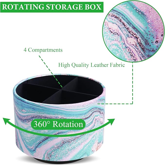 Round Leather Art Supply Organizer,Remote Control Holder,360-degree Rotating Pen Organizer with 4 Compartments(1-Pink Green Splash Ink)-DeskLoop Office