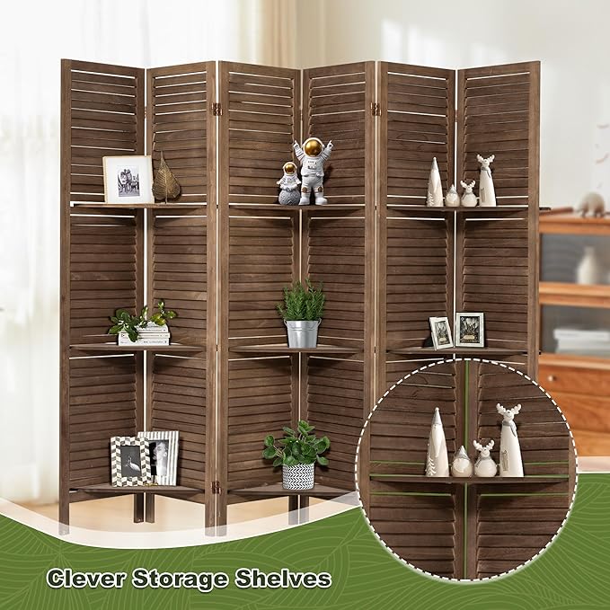 NicBex 6 Panel Room Divider,5.6FT Wood Carved Room Dividers with Display Shelves Folding Privacy Screens Portable Freestanding Partition Wall Dividers for Room Separation, Bedroom Office,Dark Brown-DeskLoop Office