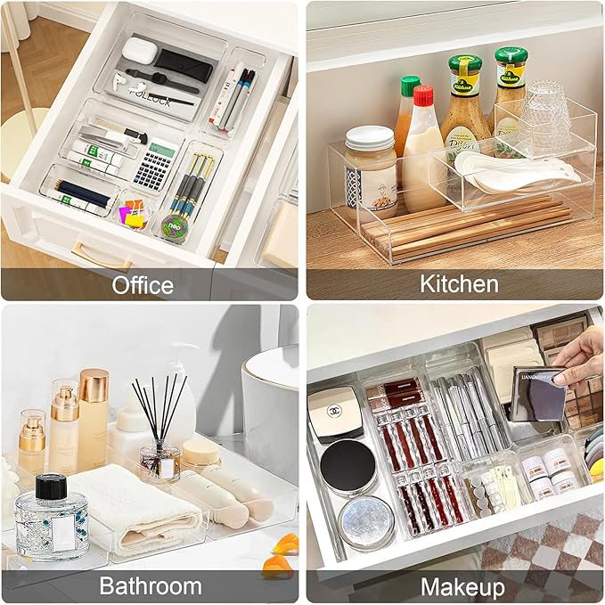Stackable Acrylic Drawer Organizer Set, 11 PCS Multi-Size Storage Bins for Makeup, Office Desk, Bathroom, Vanity and Kitchen Utensils-DeskLoop Office