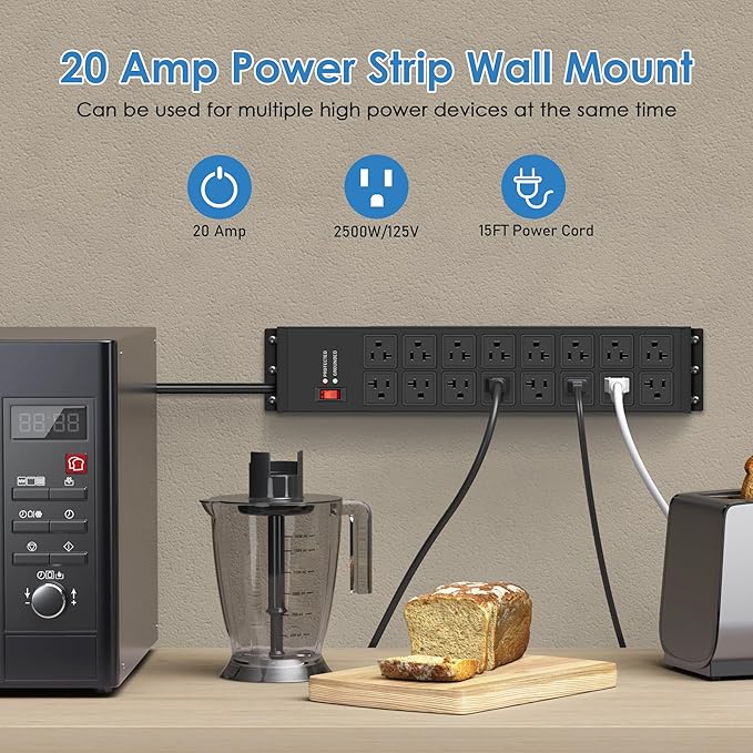 JUNNUJ Heavy Duty 20 Amp Power Strip 4800J, 16 Outlets 12 Gauge Garage Industrial Surge Protector, High Amp 5-15P Adapter Shop 6-20R T-Slot Metal Outlet, 15 FT Extension Cord Commercial for Appliance-DeskLoop Office