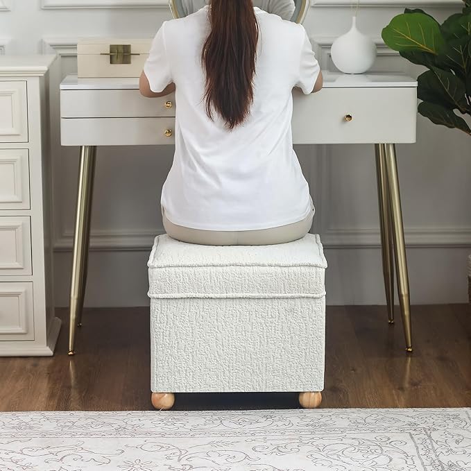 Adeco 17 Inch High Faux Fur White Cube Ottoman Storage, 3D Embossed Velvet Chair Foot Stools, Upholstered Vanity Stool with Hinged Lid, Solid Round Wood Legs-DeskLoop Office