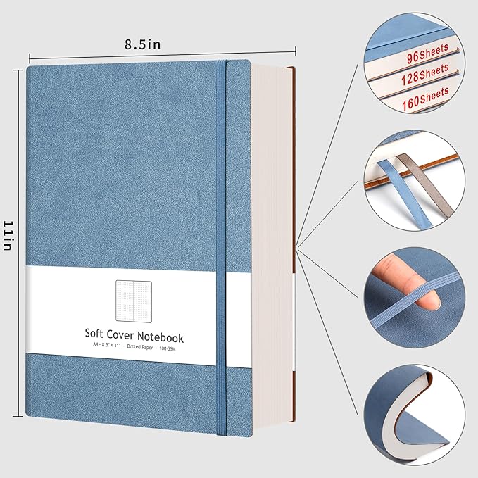 AHGXG Bullet Dotted Journal - Large A4 Notebook Dotted, 8.5''×11'', 320 Pages Dot Grid Notebook, 100gsm Thick Paper, Leather Softcover, with Journal Stencils, Inner Pocket - GrayBlue-DeskLoop Office