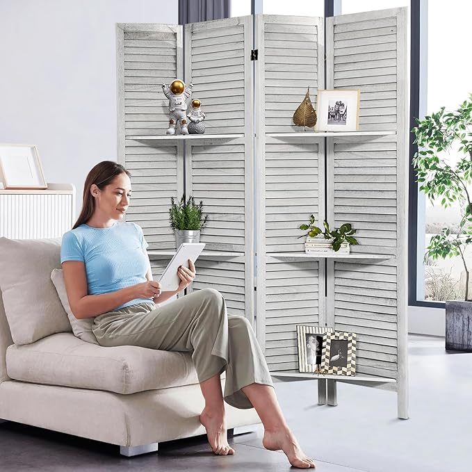 Room Divider with Shelves, 5.6FT Folding Room Divider Panel, 4 Panel Wood Partition Wall Divider for Room Separation, White-DeskLoop Office