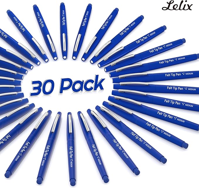 Lelix Felt Tip Pens, 30 Blue Pack, 0.7mm Medium Point, Felt Tip Markers Pens for Journaling, Writing, Note Taking, Planner, Perfect for School Office and Art Supplies-DeskLoop Office