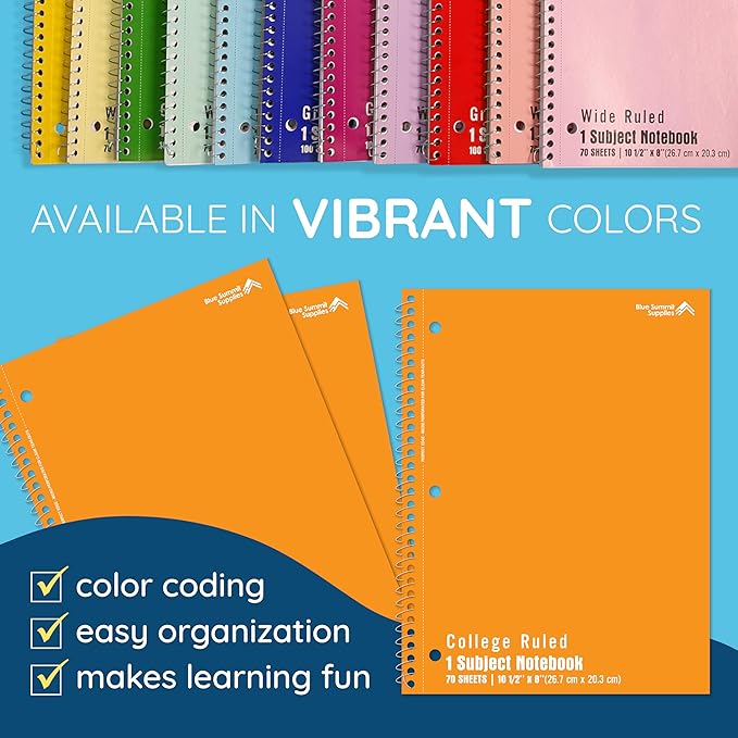 Blue Summit Orange Spiral Notebooks Bulk, One Subject Spiral Notebook College Ruled, Perforated Notebook, 8 x 10.5 for Work and School, Paper, College Ruled, Bulk 48 Pack-DeskLoop Office