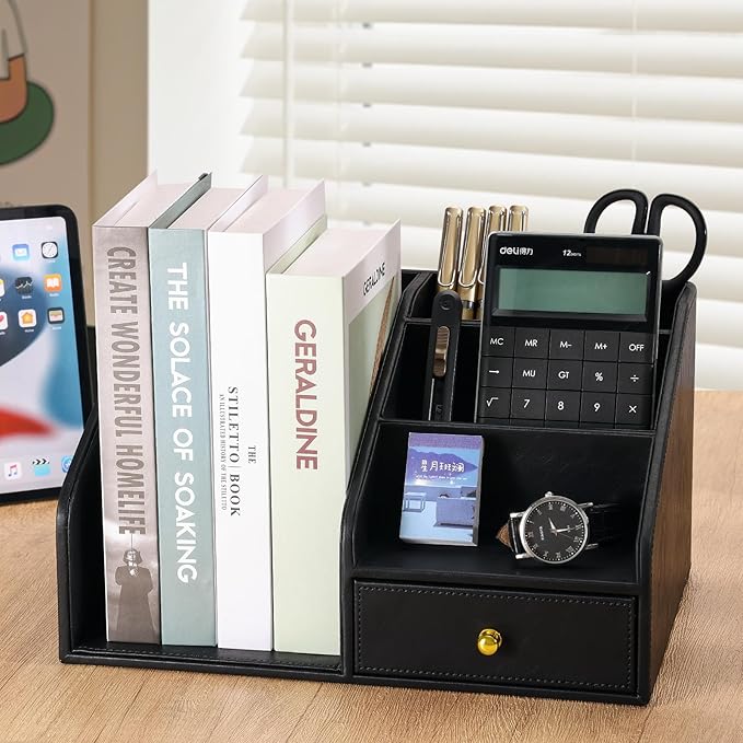 KINGFOM PU Leather Desk Organizer, Multifunction 6 Compartment Desk Organizers and Accessories for Office Supplies, Pen Pencil Holder/Book Mail Organizer Holder for Desk with Drawer(Black)-DeskLoop Office