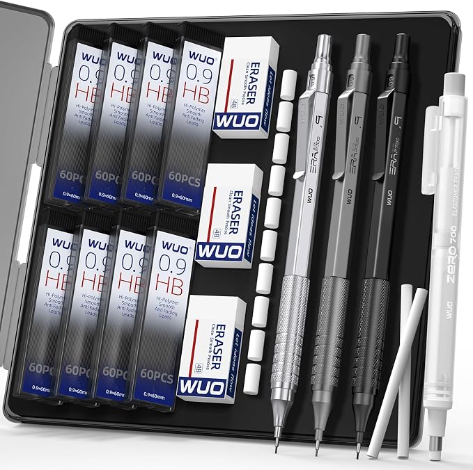 WUO 0.9mm Mechanical Pencil Set, 3 Metal Drafting Pencils by WUO