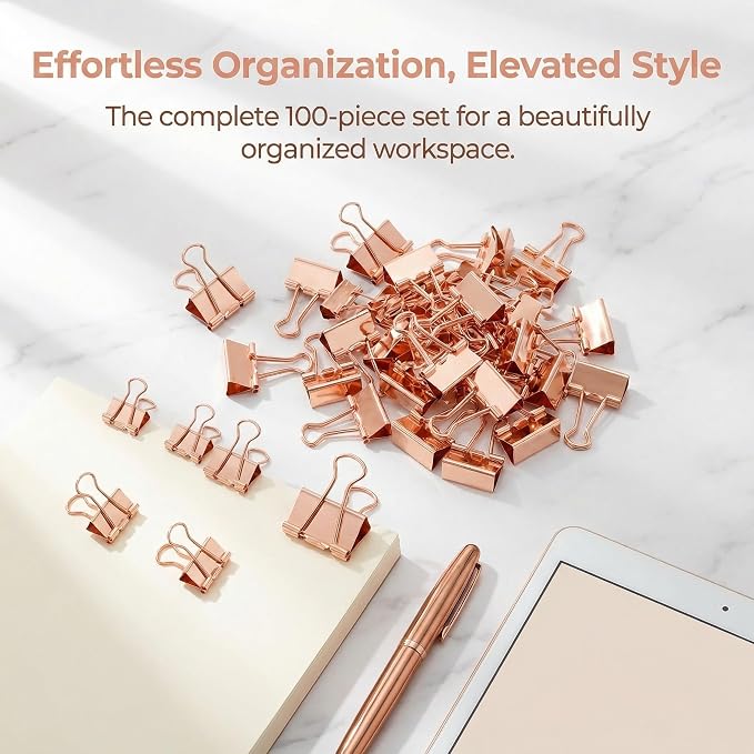 Rose Gold Binder Clips, Stainless Steel Handle, Aesthetic Desk Supplies - Image 6