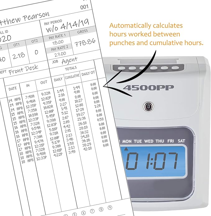 Nile Products - 4500PP Electronic Calculating Time Clock, Employees in/Out Time Tracker, Small Business Punch Pack Bundle Includes: 25 Time Cards,1 Ink Ribbon and 2 Security Keys-DeskLoop Office