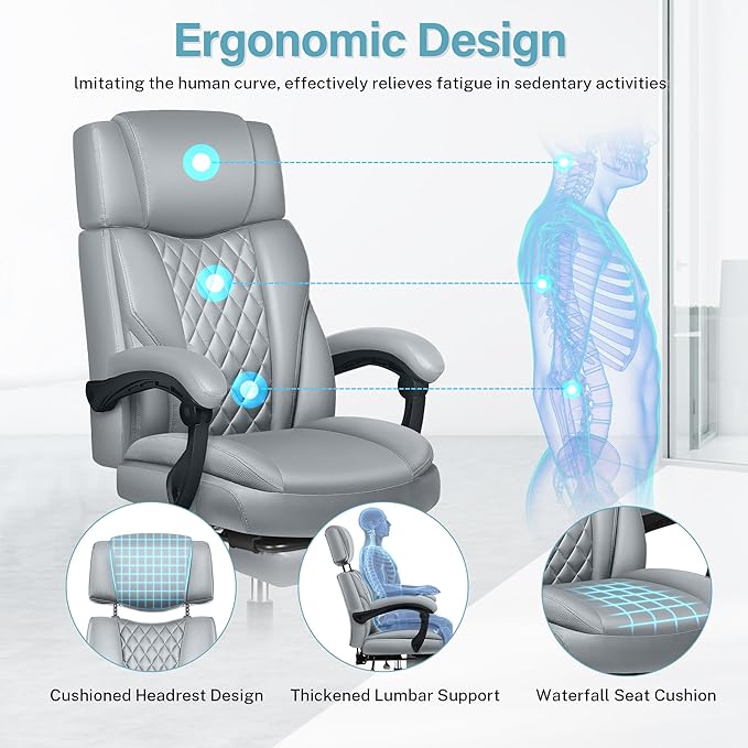 Executive Leather Office Chair, Big and Tall Desk Chair with Footrest Home Office Desk Chairs, Ergonomic Computer Desk Chair with Lumbar Support, Reclining Chair with Adjustable Angle-DeskLoop Office