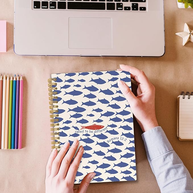 Christian Fish Spiral Notebook, Coastal Beach Bible Journaling Notebooks for Note Taking, Ocean Fish Hardcover Journals for Women Men 160 Pages 5.5 x 8.3 Inch, Christian Gifts for Women-DeskLoop Office