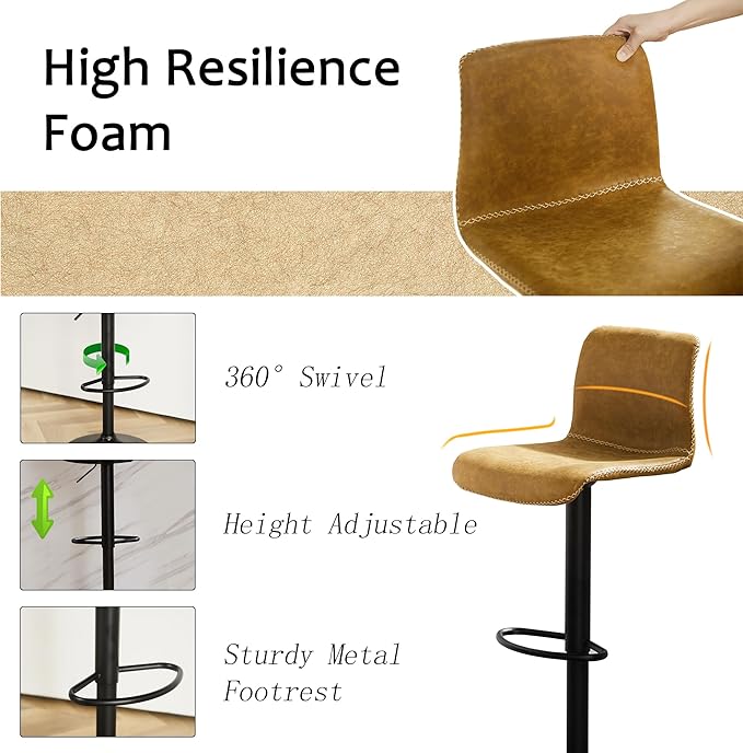 HeuGah Bar Stools Set of 4, Swivel Counter Height Barstools with Back, Adjustable Height 24" to 32", Whiskey Brown Faux Leather Bar Chairs for Kitchen Island (Whiskey Brown, Set of 4 (24'' to 32''))-DeskLoop Office