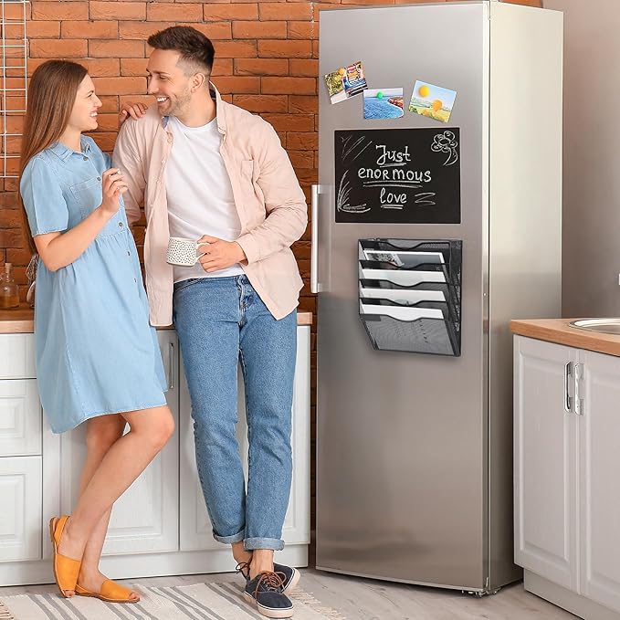 EASEPRES Magnetic 5 Pocket Mesh Hanging File Organizer, Wall Mounted Mail Paper Document Folder Holder, Clipboard Storage Organization Magazine Rack with Nametag Label for Office Home School, Black-DeskLoop Office