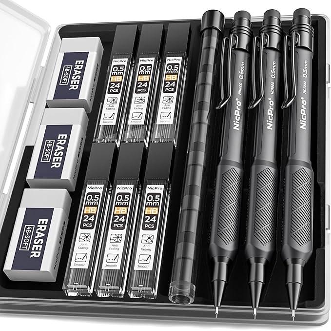 Nicpro HD1000 0.5 mm Art Mechanical Pencil Set in Case, Weatherproof Barrel by Nicpro