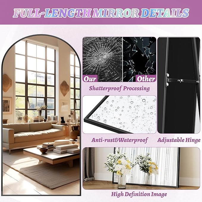 Full Length Mirror, 78"x38" Oversized Floor Mirror Freestanding, Full Body Floor Standing Mirror with Stand, Hanging Mounted for Bedroom Living Room, Black, Arched Style-DeskLoop Office