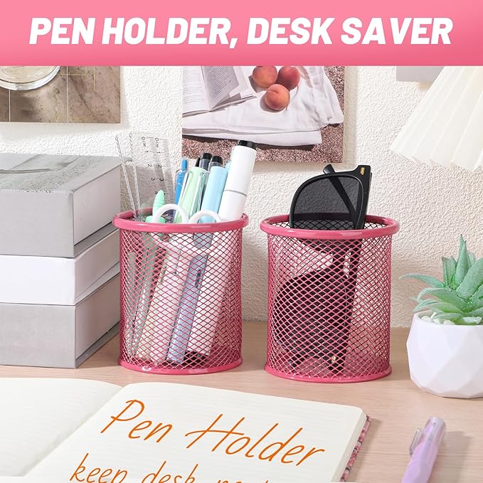 Segarty Pen Cup, 6 Pack Cute Dark Pink Pen Holder, Round Mesh Pencil Holder for Desk, Desktop Accessories Organizer for Office Supply, School, Home Storage, Makeup Brush Organization-DeskLoop Office