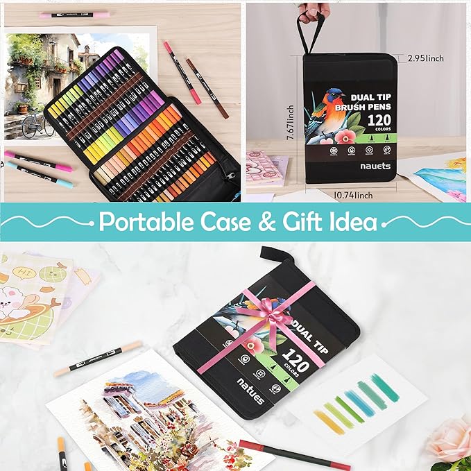 nauets 120 Colors Brush & Fine Dual Tip Watercolor Markers Set for Kids Adults Coloring Books No Bleeding Paint Pens For Drawing Note taking Planner Calligraphy Journaling Card Making Art Supplies-DeskLoop Office