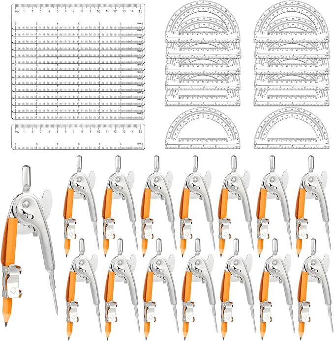 60 Pieces Geometry Math Set Compass for Geometry Math Compass and Protractor Set Include Metal Compass with Pencil Plastic Ruler and Protractor for Student School Office Woodworking Drawing Tools-DeskLoop Office