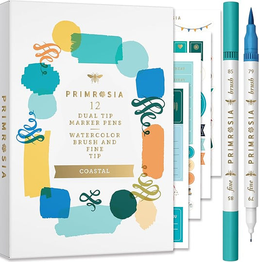 Primrosia 12 Dual Tip Watercolor Marker Pens - Fine Tip & Brush Tips, Professional Quality, 4 x Sticker Sheets, Blendable, Non-Toxic, Perfect for Calligraphy, Drawing & Coloring. (Coastal)-DeskLoop Office