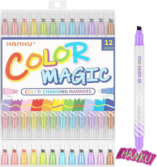 HANKU 12 Pack Color Changing Markers, Dual Tip Magic Highlighters Assorted by HANKU-Allaboutcolors