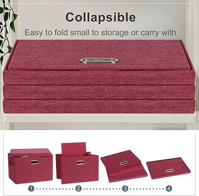 Large 17" 36 Quart Collapsible Stackable Storage Bins with Lids, 3 Packs Bright Red Linen Fabric Closet Boxes with Lids, Storage Cube Baskets Container Organizers for Office (17x12x11)-DeskLoop Office