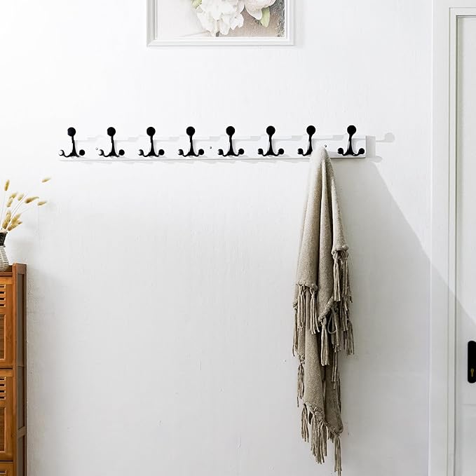 SKOLOO 43-Inch White Wood Coat Rack Wall Mount with 8 Triple Hooks - Ideal for Family Entrances, Classrooms, and Pet Supplies Storage - Perfect Coat Hooks for Wall-DeskLoop Office