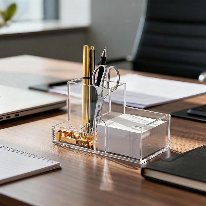 HBlife Acrylic Pen Holder for Desk, 3-Compartment Small Desk Organizer - Image 7