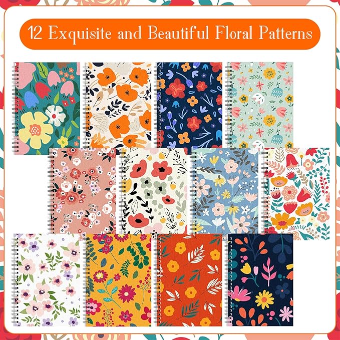 Fuutreo 12 Pcs Spiral Notebook for Work A5 8.3 x 5.7 Inch College Ruled Spiral Journal Notebook Kraft Cover Ruled Paper, 12 Color, 60 Sheets, 120 Pages for Office School(Floral Color)-DeskLoop Office