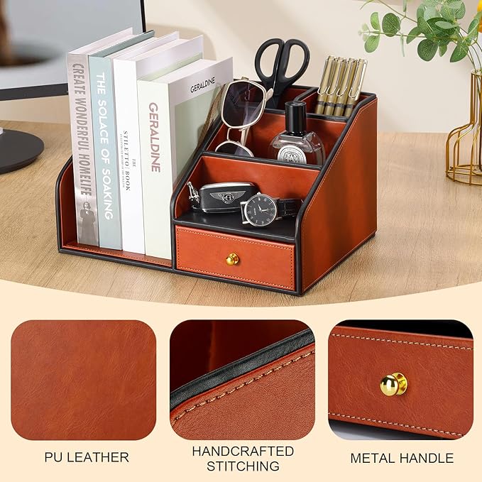 KINGFOM PU Leather Desk Organizer, Multifunction 6 Compartment Desk Organizers and Accessories for Office Supplies, Pen Pencil Holder/Book Mail Organizer Holder for Desk with Drawer (Brown)-DeskLoop Office