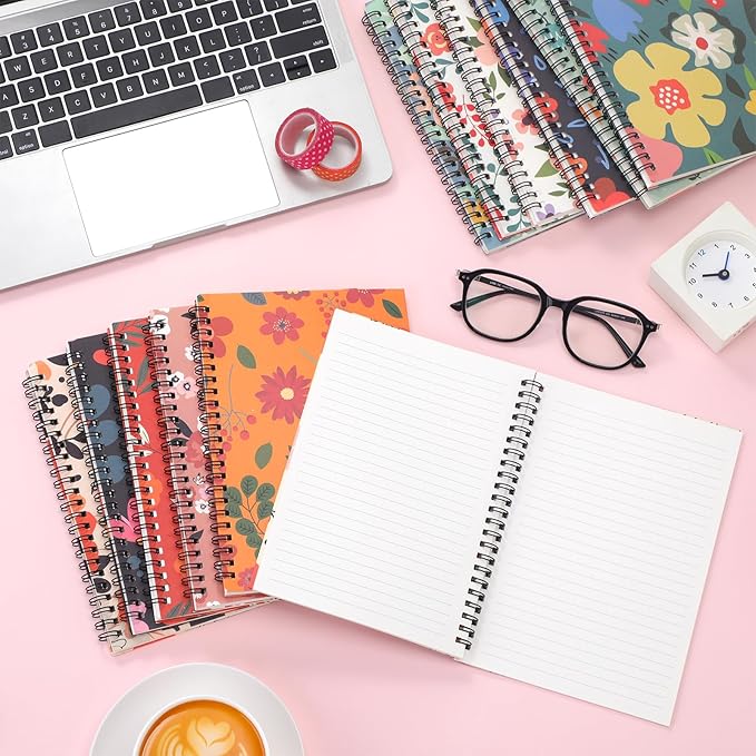 Fuutreo 12 Pcs Spiral Notebook for Work A5 8.3 x 5.7 Inch College Ruled Spiral Journal Notebook Kraft Cover Ruled Paper, 12 Color, 60 Sheets, 120 Pages for Office School(Floral Color)-DeskLoop Office