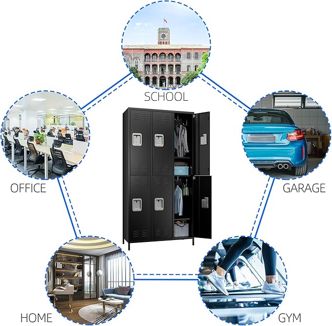 6 Doors Metal Lockers for Employees with Lock, Metal Locker with 18 Hooks for School Garage Office Gym Home,Assembly Required,Black-DeskLoop Office