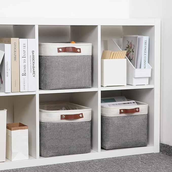 DULLEMELO Storage Baskets for Organizing, Rectangular Fabric Storage Bins Collapsible, Perfect for Shelves, Closets, Empty Gift Baskets (3-Pack Medium-15 inch X 11 inch X 9.5 inch , White&Grey)-DeskLoop Office