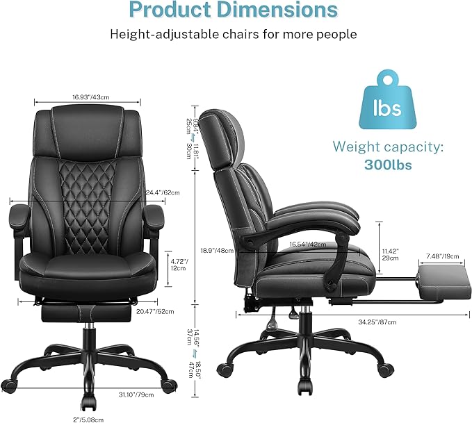 Executive Leather Office Chair, Big and Tall Office Chair with Footrest Home Office Desk Chairs, Ergonomic Computer Desk Chair with Lumbar Support, Reclining Desk Chair with Adjustable Angle-DeskLoop Office