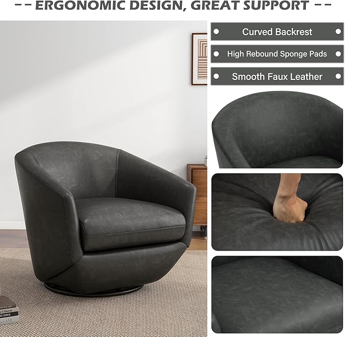 UIXE 360° Swivel Barrel Accent Chair, PU Leather Upholstered Club Armchair for Living Room, Modern Round Arm Chair Single Sofa Bedroom Reading Seating (Black)-DeskLoop Office