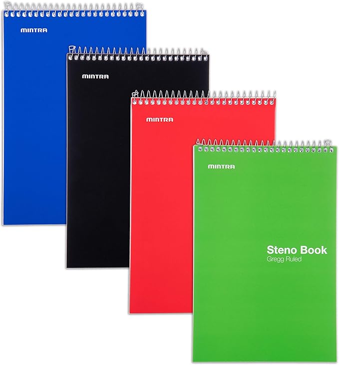 Mintra Office Steno Book - (Primary Colors, 4 Pads/Pack, Gregg Ruled) - 6inx9in, 70 Sheets, Notebook for writing notes in school, university, college, work, office-DeskLoop Office