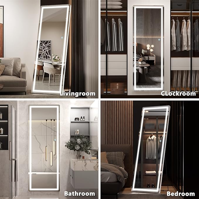 Hasipu Full Length Mirror with Lights, 65" x 22" LED Floor Mirror, Full Body Dressing Standing, Hanging Mounted Mirror for Living Room Bedroom Cloakroom, Round White-DeskLoop Office