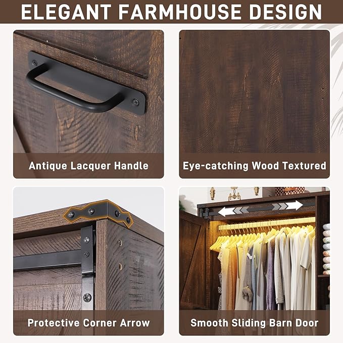 Farmhouse 3 Doors Armoire Wardrobe Closet w/Folding Sliding Barn Door and Lights, LED Armoire Closet w/Drawers for Bedroom, Freestanding Wooden Wardrobe Storage Closets w/Hanging Rod,Rustic Brown-DeskLoop Office