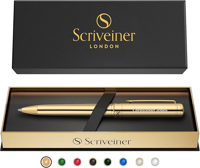 Scriveiner Personalized Gold Ballpoint Pen - Stunning Luxury Pen, Real Gold Plating, Schmidt Ink Refill, Best Engraved Ball Point Gift Set for Men & Women, Custom Name Engraving-DeskLoop Office