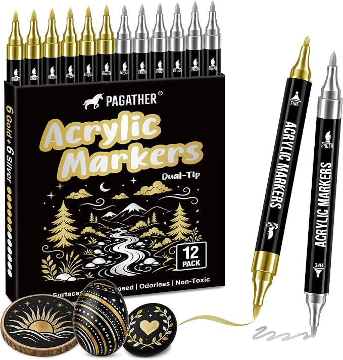 Pagather Gold and Silver Acrylic Paint Markers, 12 Pack Dual Tip by Pagather