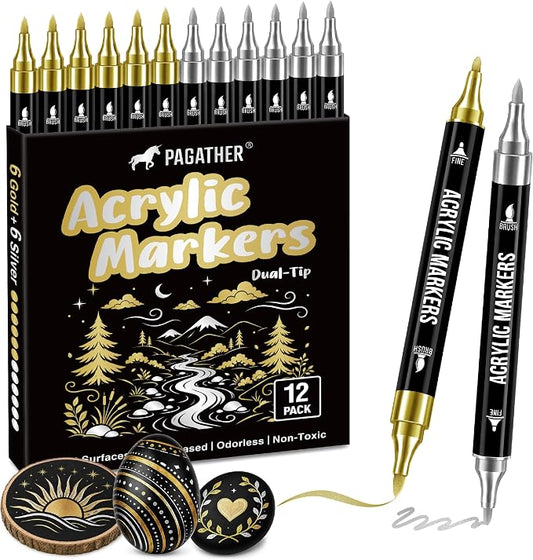 Pagather Gold and Silver Acrylic Paint Markers, 12 Pack Dual Tip by Pagather