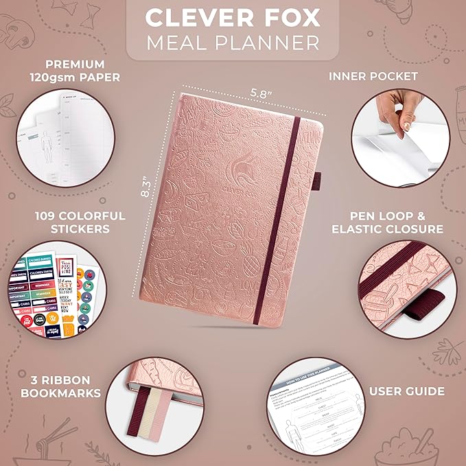 Clever Fox Weekly Meal Planner - Weekly & Daily Meal Prep Journal with Shopping and Grocery Lists for Menu Planning, Healthy Diet & Weight Loss Tracking, Lasts 1 Year, Undated, A5 - Rose Gold-DeskLoop Office