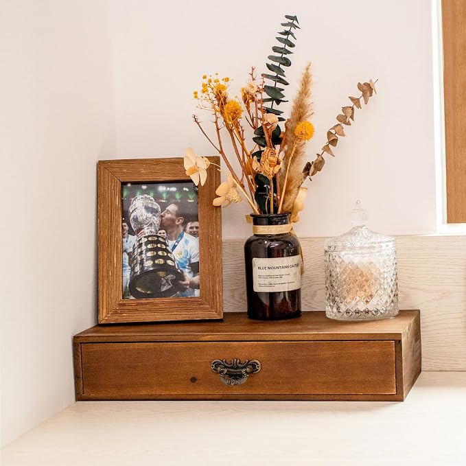 Office Desk Organizer with Drawers Light Brown Vintage Wood Desktop Storage Box - Image 7